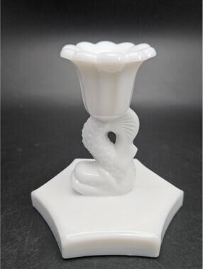 Vintage Westmoreland White Milk Glass Koi Fish Candlestick 4" Dolphin Taper
